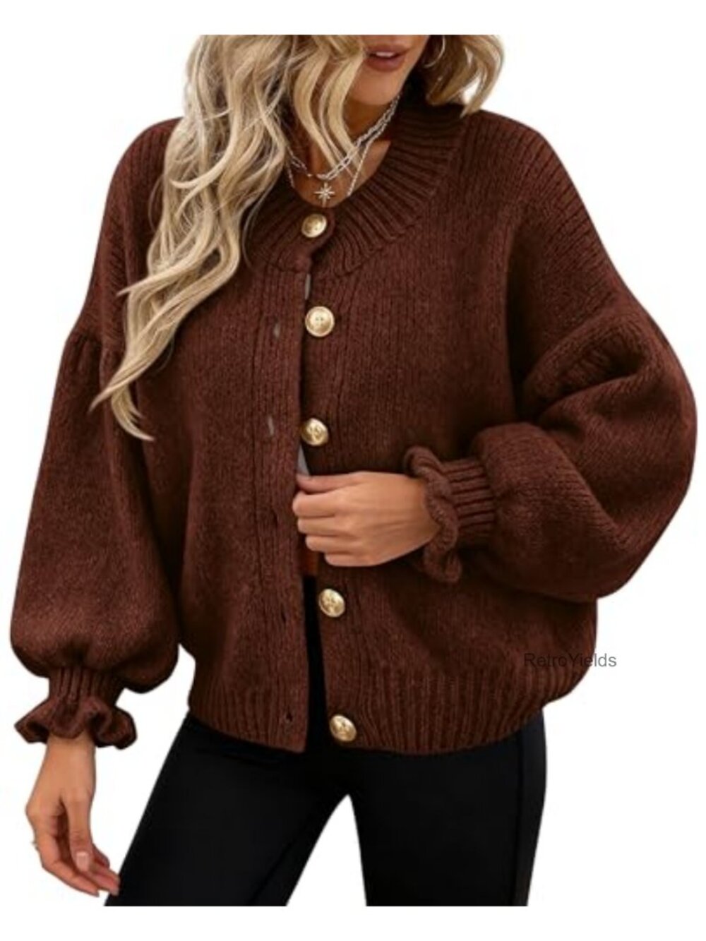 Womens Chunky Knit Button Cardigan Ruffle Sleeve Oversized Sweater